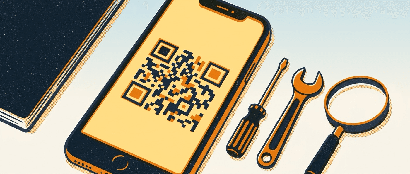 A phone showing a QR code, with tools beside it; risograph illustration