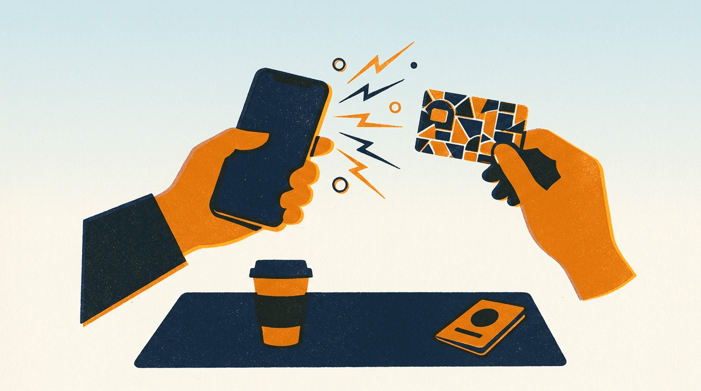 A phone scanning a QR code; risograph illustration