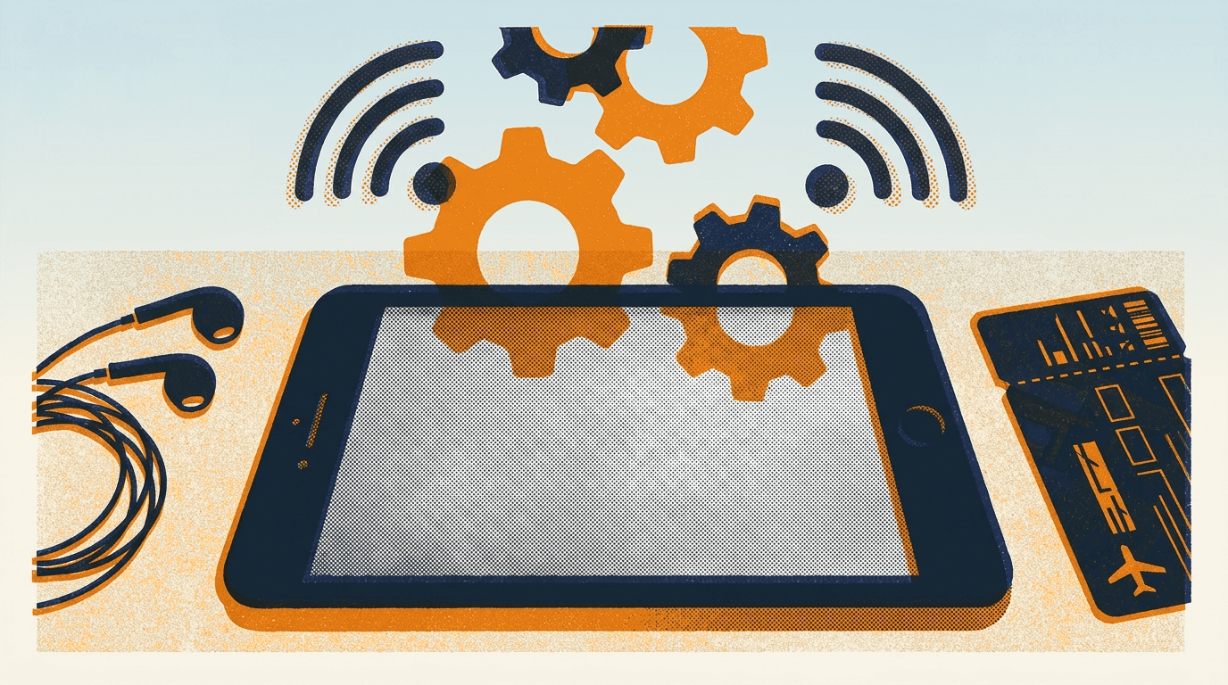 A phone on a table with settings icons; risograph illustration