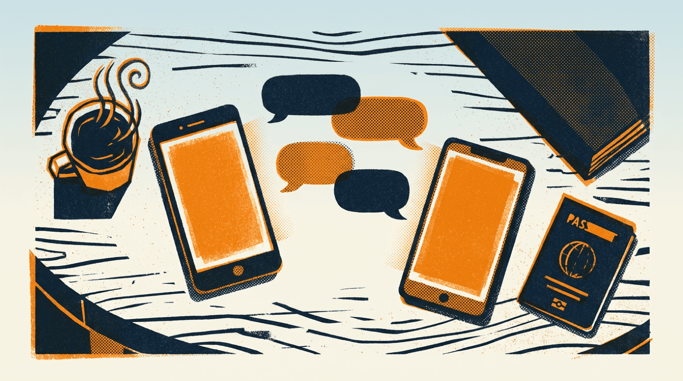 Zwei Handys auf einem Tisch und Sprechblasen; Risografie-Illustration