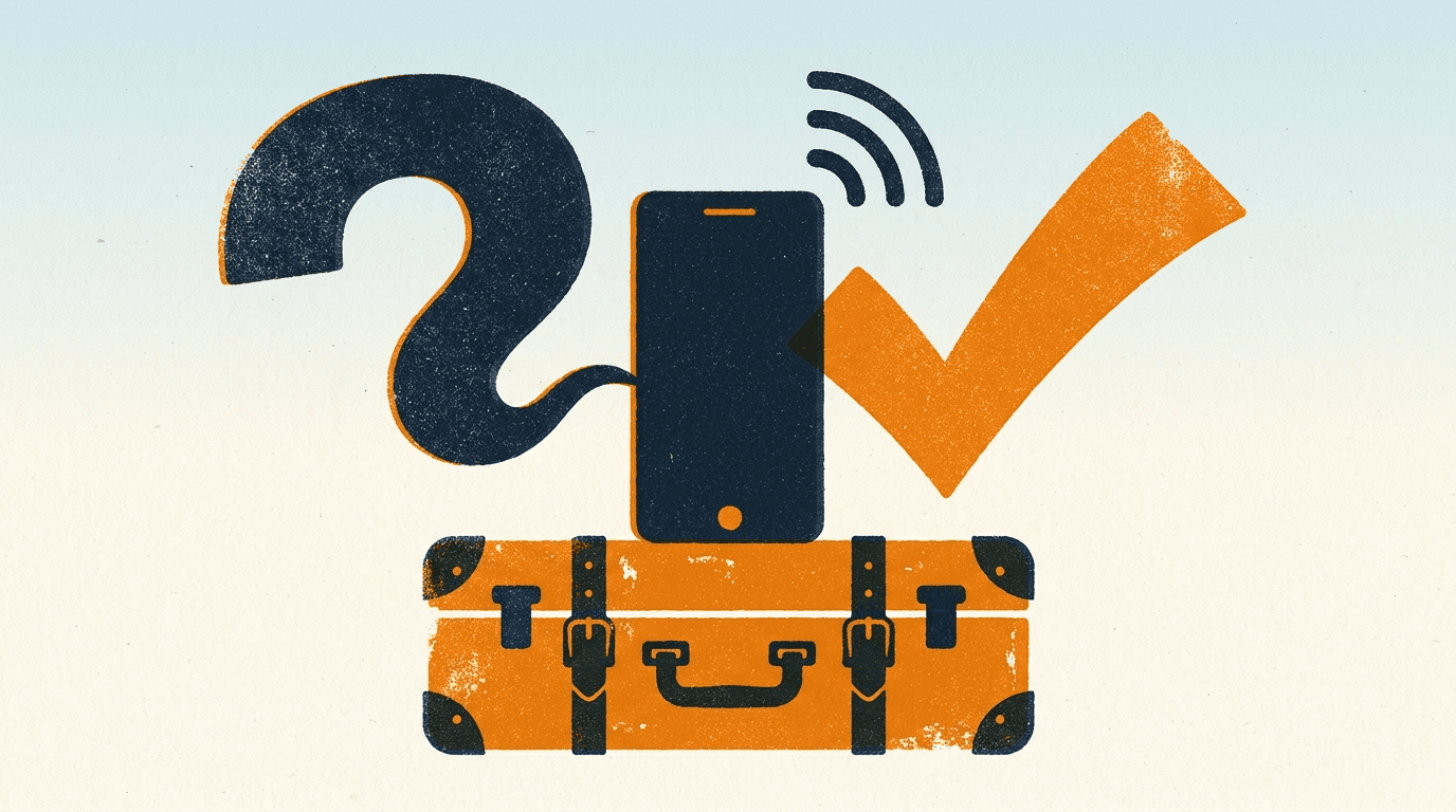 A phone on a suitcase with a question mark and a tick; risograph illustration